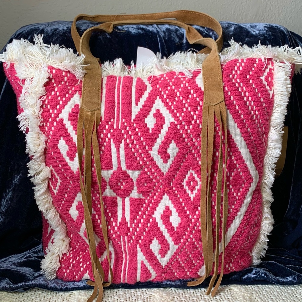 Raj Isabella Frayed Fringe Embroidered Tote Bag